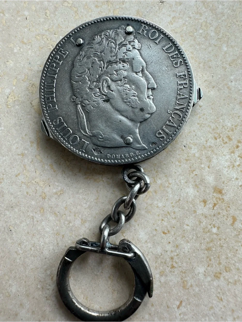 Antique French 5 francs coin mounted on pocket tool fob